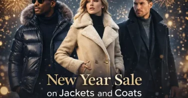 New Year Sale on jackets and coats featuring stylish men and women
