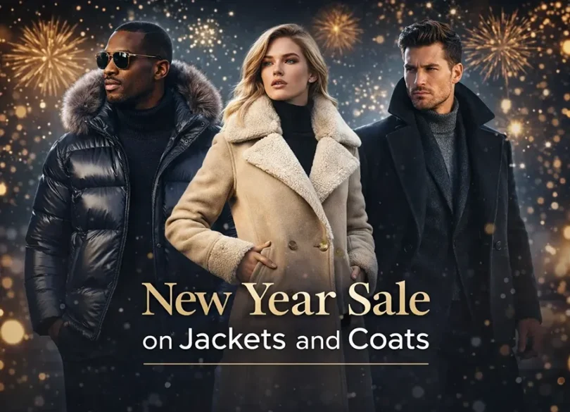 New Year Sale on jackets and coats featuring stylish men and women