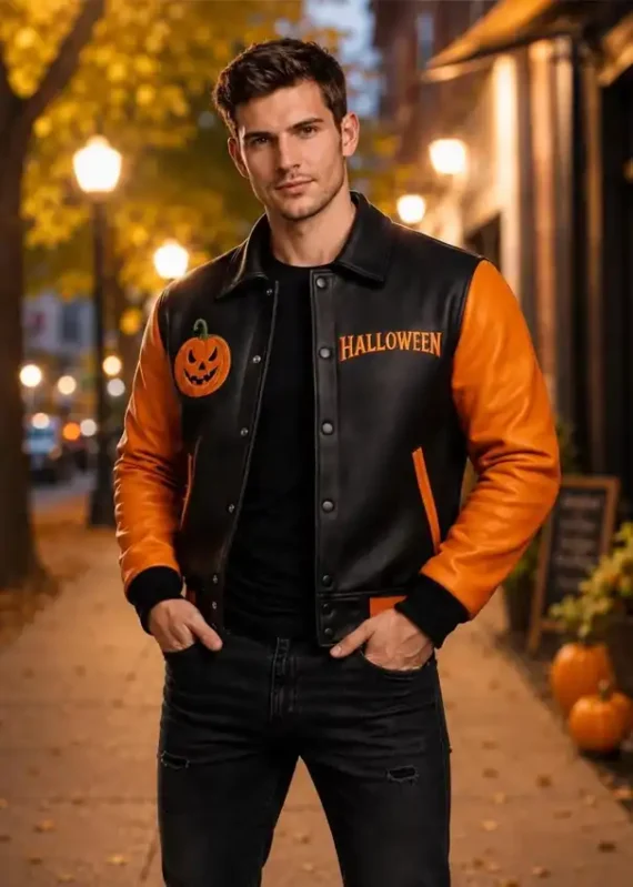 Black and Orange Halloween Leather Jacket