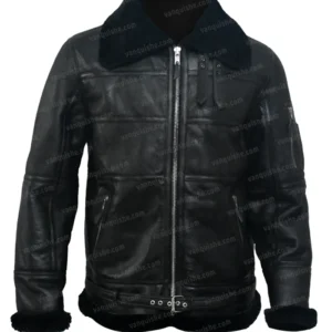 B16 Shearling Fur Aviator Black Sheepskin Leather Jacket Front