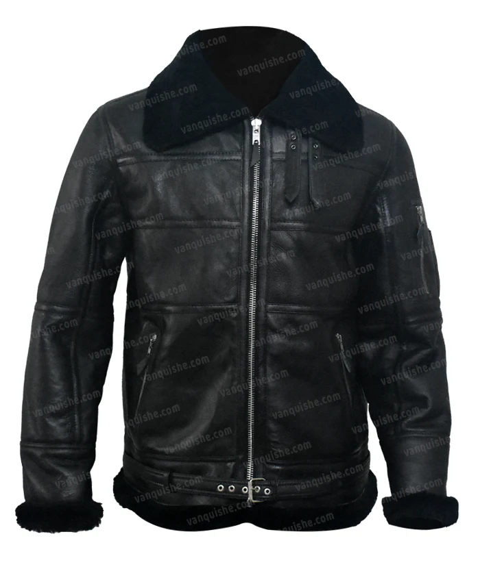 B16 Shearling Fur Aviator Black Sheepskin Leather Jacket Front