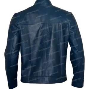 Men Cafe Racer Blue Genuine Leather Jacket Back Image
