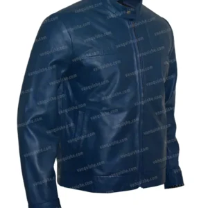 Men Cafe Racer Blue Genuine Leather Jacket Side