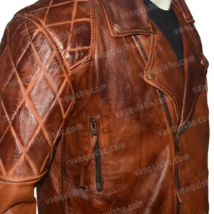 Men Vintage Distressed Brown Quilted Motorcycle Jacket Image