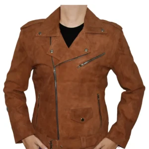 Mens Asymmetrical Zipper Camel Brown Suede Biker Jacket Front