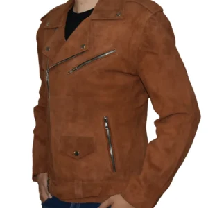 Mens Asymmetrical Zipper Camel Brown Suede Biker Jacket Side