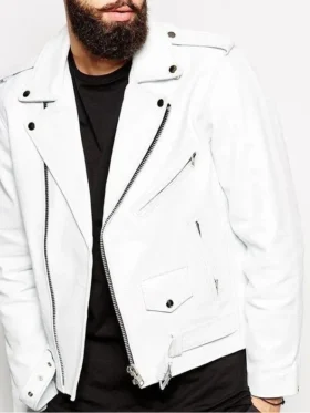 Mens Biker Slim Fit White Leather Jacket