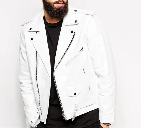 Mens Biker Slim Fit White Leather Jacket