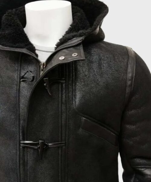 Mens-Black-Genuine-Leather-Duffle-Coat-With-Hood