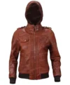 Mens Bomber Biker Brown Jacket Front With Removable Hoodie