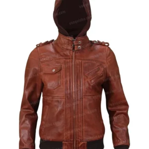 Mens Bomber Biker Brown Jacket Front With Removable Hoodie