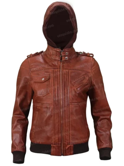 Mens Bomber Biker Brown Jacket Front With Removable Hoodie