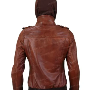 Mens Bomber Biker Brown Jacket With Removable Hoodie Back