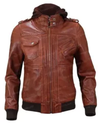 Mens Bomber Biker Brown Jacket With Removable Hoodie Front