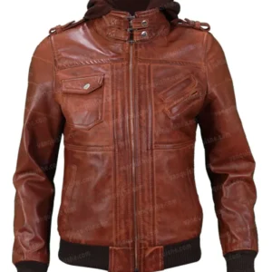 Mens Bomber Biker Brown Jacket With Removable Hoodie Front