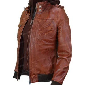 Mens Bomber Biker Brown Jacket With Removable Hoodie Right