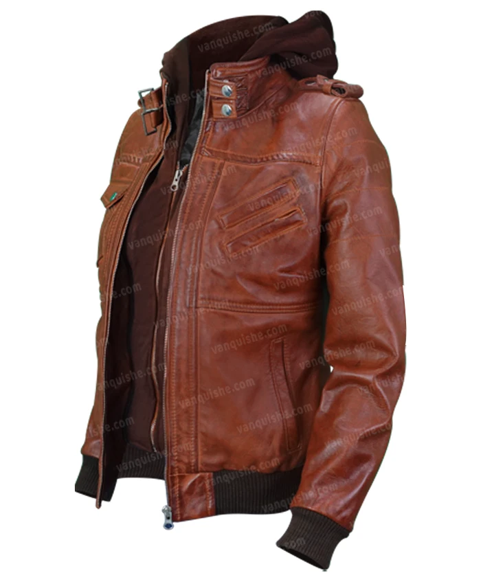 Mens Bomber Biker Brown Jacket With Removable Hoodie Right