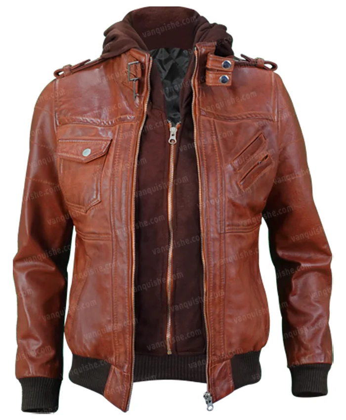 Mens Bomber Biker Brown Jacket With Removable Hoodie