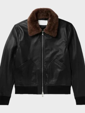 Mens Bomber Faux Fur Collar Black Leather Jacket