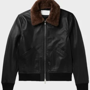Mens Bomber Faux Fur Collar Black Leather Jacket