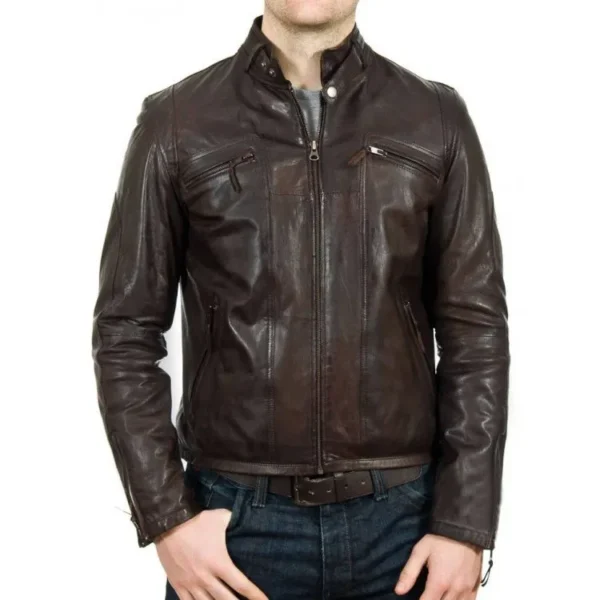 Mens Brown Snap Tab Collar Biker Leather Jacket