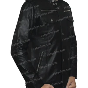 Mens Cafe Racer Style Real Leather Biker Black Jacket Right Side