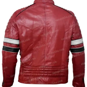 Mens Cafe Racer Style Red Stripe Leather Quilted Jacket Back