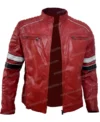 Mens Cafe Racer Style Red Stripe Leather Quilted Jacket Open Style