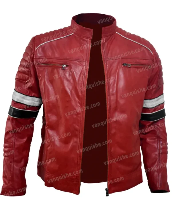 Mens Cafe Racer Style Red Stripe Leather Quilted Jacket Open Style