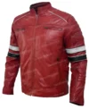 Mens Cafe Racer Style Red Stripe Leather Quilted Jacket Side