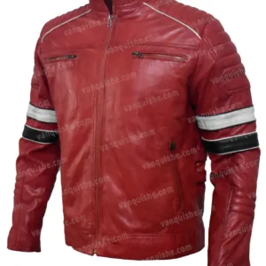 Mens Cafe Racer Style Red Stripe Leather Quilted Jacket Side