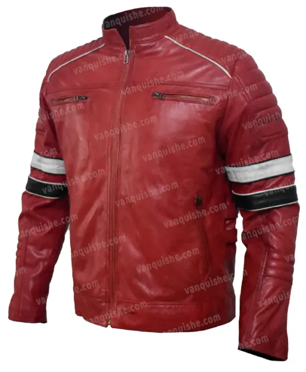 Mens Cafe Racer Style Red Stripe Leather Quilted Jacket Side