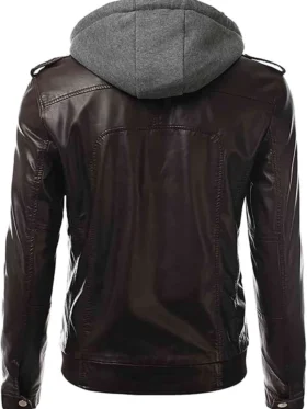Mens Coffee Brown Hoodie Bomber Leather Jacket