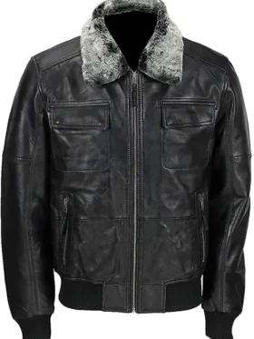 Mens Detachable Fur Collar Black Bomber Leather Jacket