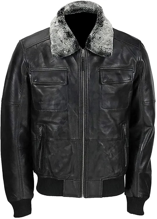 Mens Detachable Fur Collar Black Bomber Leather Jacket