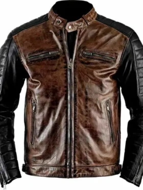 Mens Distressed Brown Cafe Racer Leather Jacket