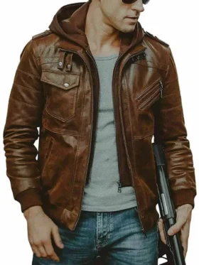 Mens Distressed Brown Detach Hood Vintage Bomber Jacket