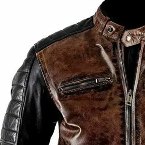 Mens Distressed Brown and Black Cafe Racer Leather Jacket