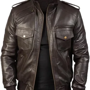 Mens Erect Collar Biker Brown Leather Bomber Jacket
