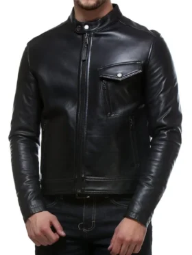 Mens Erect Collar Slim Fit Black Leather Jacket