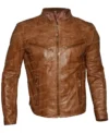 Mens Fitted Tan Brown Cafe Racer Motorcycle Leather Jacket