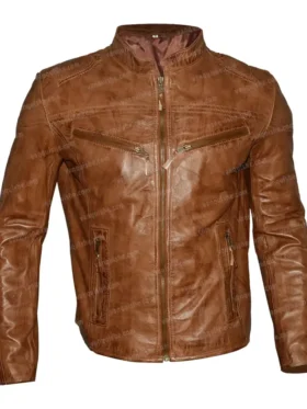 Mens Fitted Tan Brown Cafe Racer Motorcycle Leather Jacket