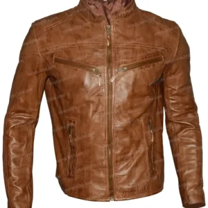Mens Fitted Tan Brown Cafe Racer Motorcycle Leather Jacket