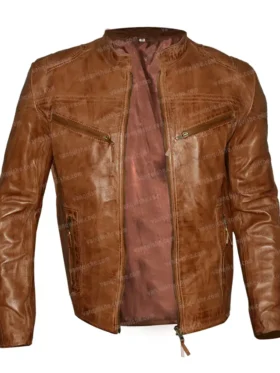 Mens Fitted Tan Brown Cafe Racer Motorcycle Leather Jacket Image