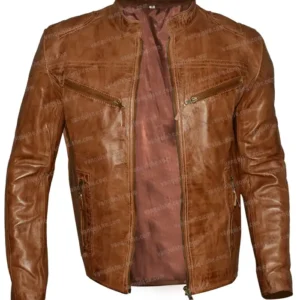 Mens Fitted Tan Brown Cafe Racer Motorcycle Leather Jacket Image