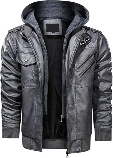 Mens Grey Removable Hood Leather Jacket - Vanquishe