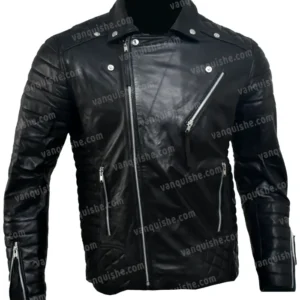 Mens Kay Michael Biker Quilted Black Leather Jacket Front