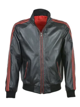 Black With Red Striped Bomber Leather Jacket