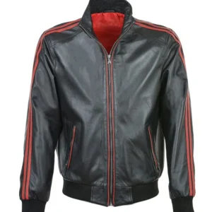 Black With Red Striped Bomber Leather Jacket