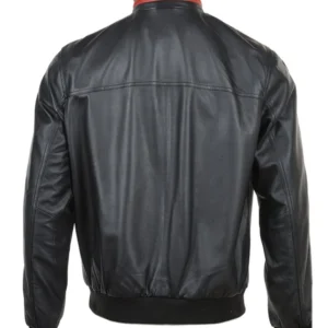 Black With Red Striped Bomber Leather Jacket Back